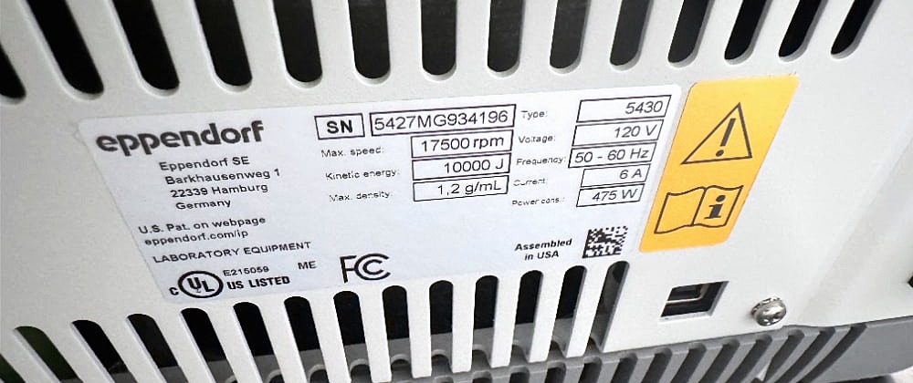 Eppendorf Centrifuge 5430 data label: 120 V, 50-60 Hz, 6 A, 475 W, 17,500 rpm, UL listed