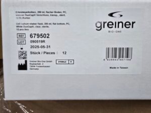 Greiner Bio-One 679502 250 mL shaker flask box label, lot 090519R