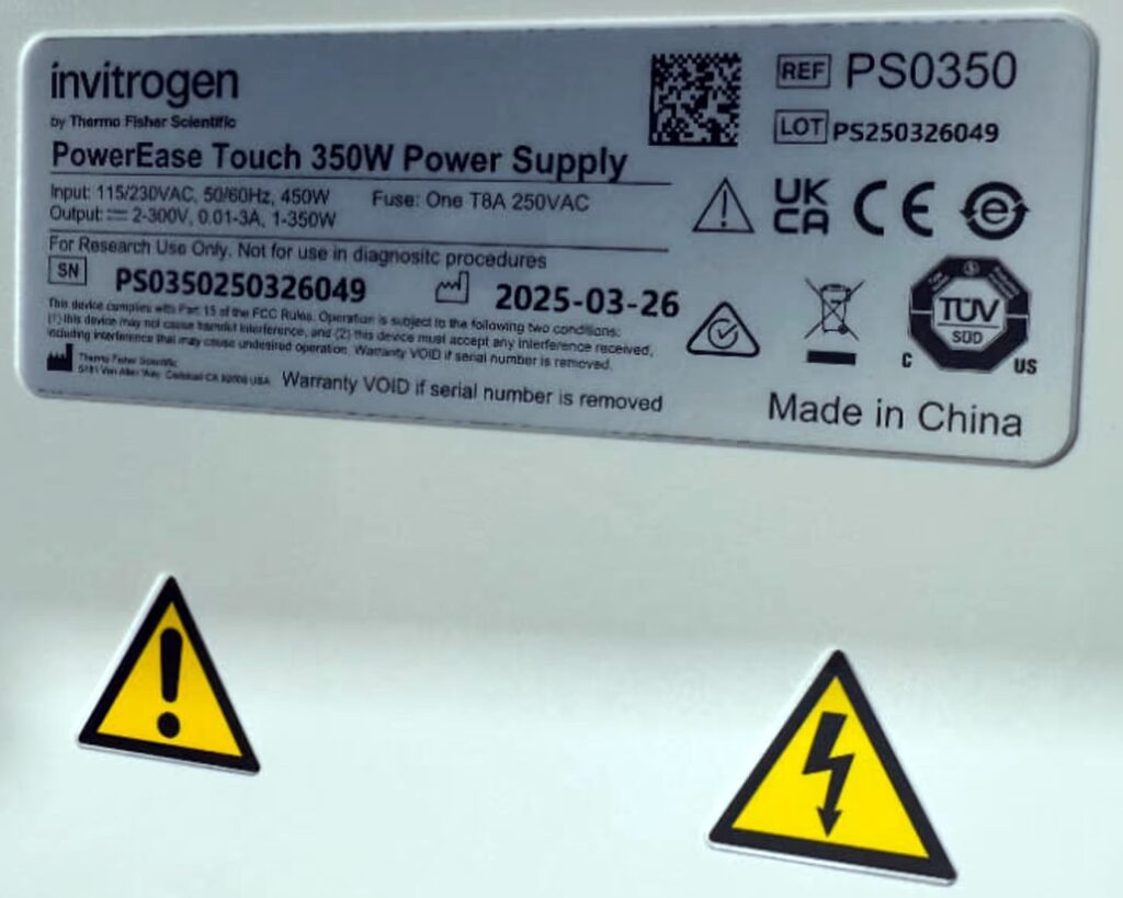 Invitrogen PowerEase Touch 350W data plate