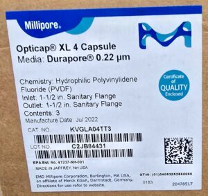 Millipore Opticap XL 4 capsule box label: Durapore 0.22 µm hydrophilic PVDF, 1-1/2 in. sanitary flange inlet/outlet, contents 3, manufactured Jul 2022, cat. no. KVGLA04TT3