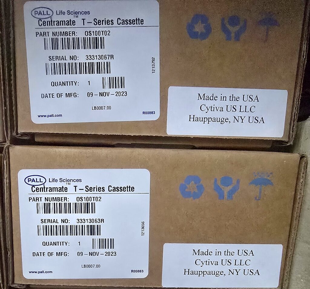 Two new boxes of Pall Centramate T-Series cassettes OS100T02, 100 kDa Omega PES, manufactured Nov 2023
