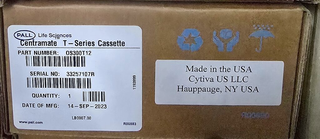 New box of Pall Centramate T-Series cassette OS300T12, 300 kDa Omega PES, manufactured Sep 2023