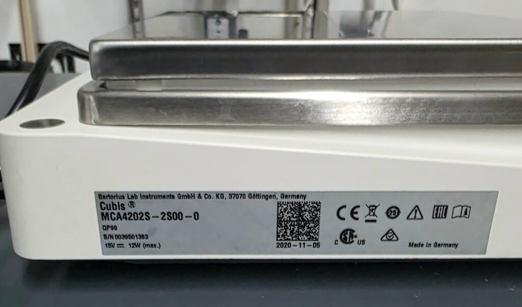 Sartorius Cubis MCA4202S nameplate label serial 0039501383