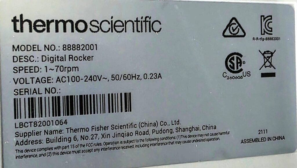 Thermo Scientific Digital Rocker 88882001 - data plate